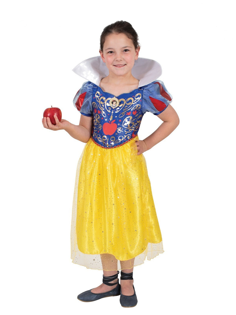 Kids Snow White princess costume dress with royal blue bodice, yellow sparkle skirt and tulle overlay