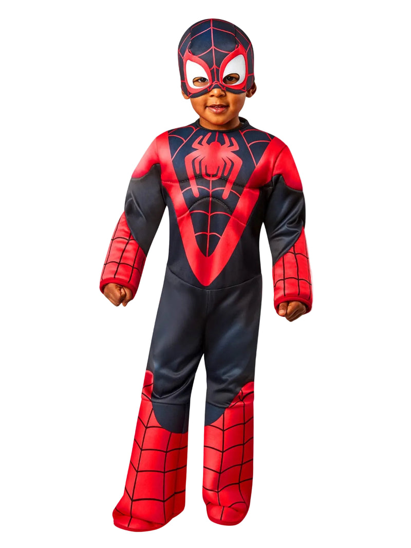 Toddler wearing Miles Morales Spider-Man padded jumpsuit costume with black and red web pattern and foam mask