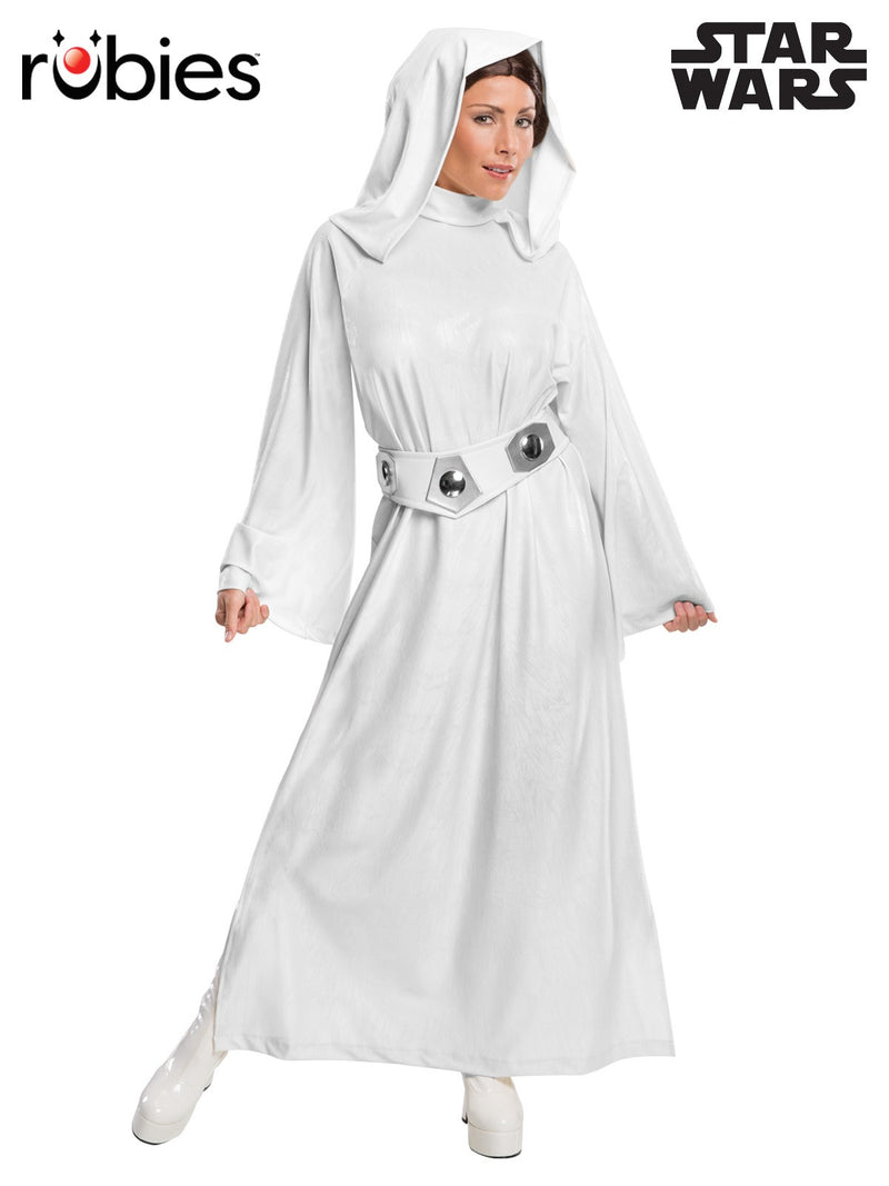 Womens Princess Leia Star Wars white hooded gown costume with silver belt