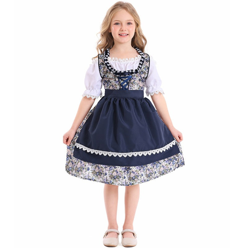 Kids Bavarian dirndl costume with floral bodice and navy apron overlay