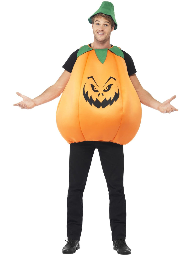 Adult pumpkin costume with orange tabard and green stem hat on white background