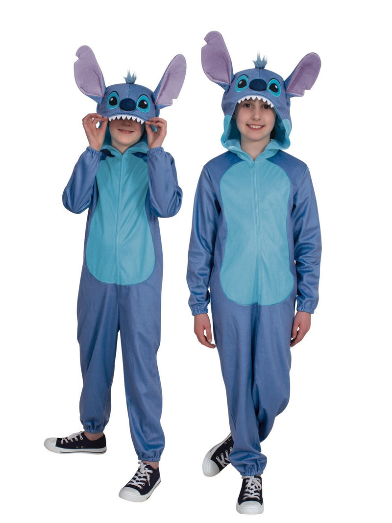 Kids Stitch costume onesie in medium blue plush with 3D hood and tall purple-pink ears