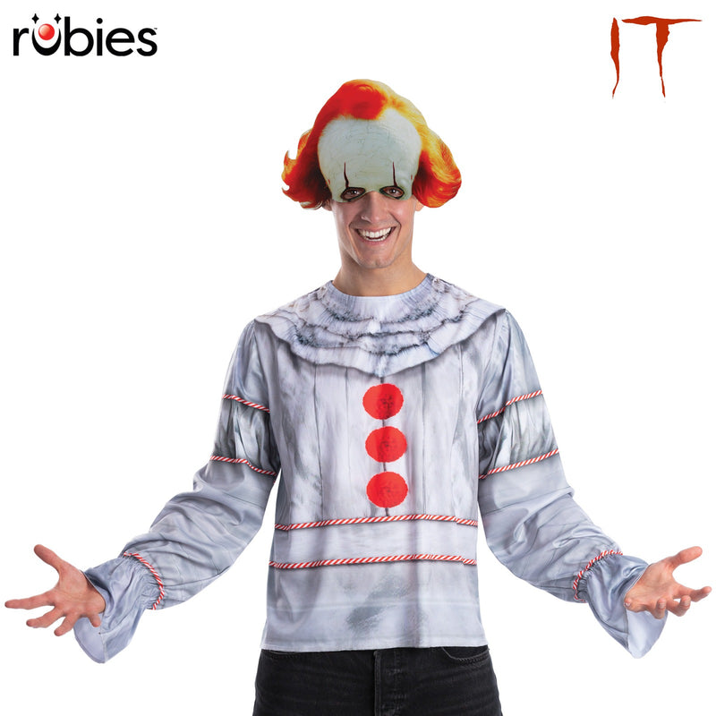 Adult Pennywise IT costume with silver-grey clown top and orange-red flame hair mask