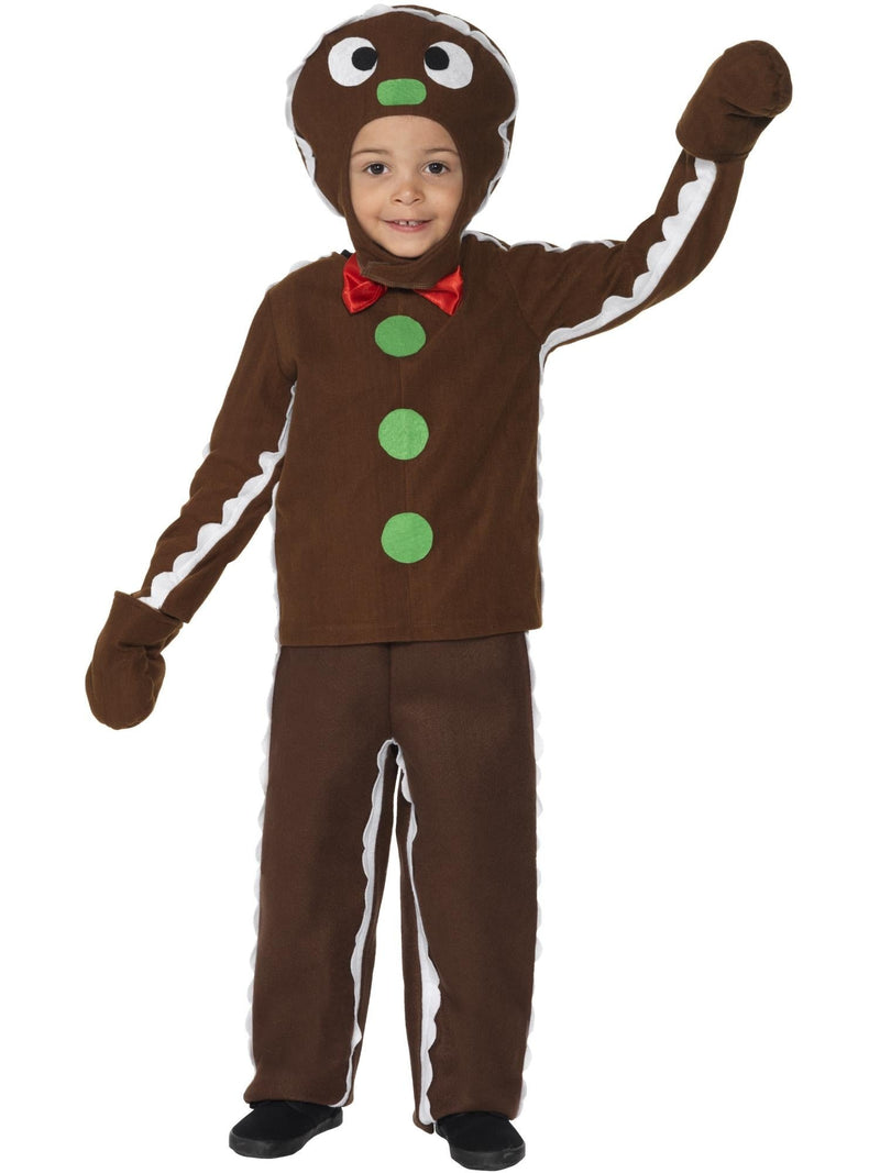 Kids Gingerbread Man Costume full set with headpiece, brown top, and pants with white icing trim