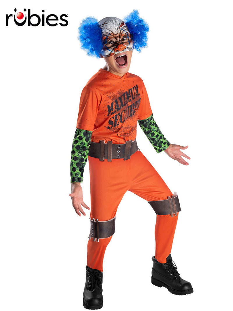 Kids orange prisoner jumpsuit with Maximum Security print and green patterned sleeves