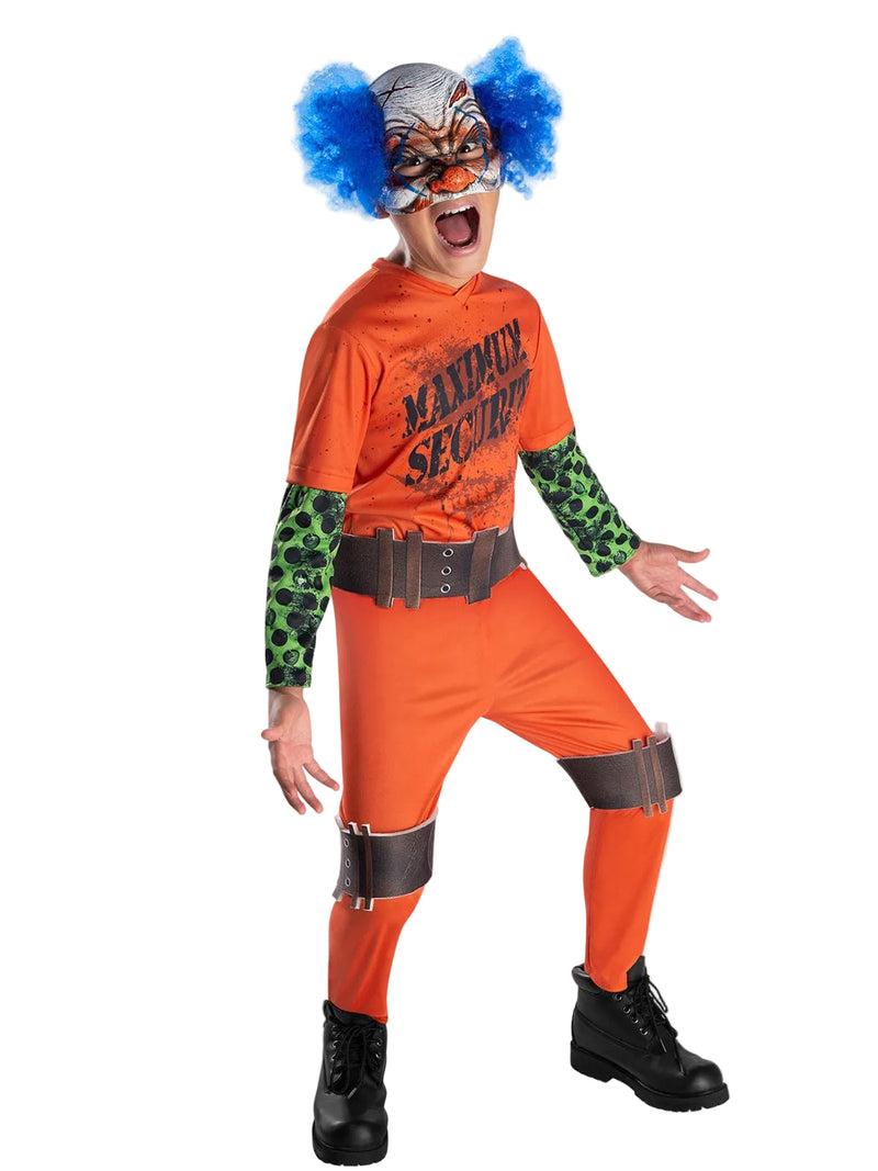 Kids orange prisoner jumpsuit with Maximum Security print and green patterned sleeves