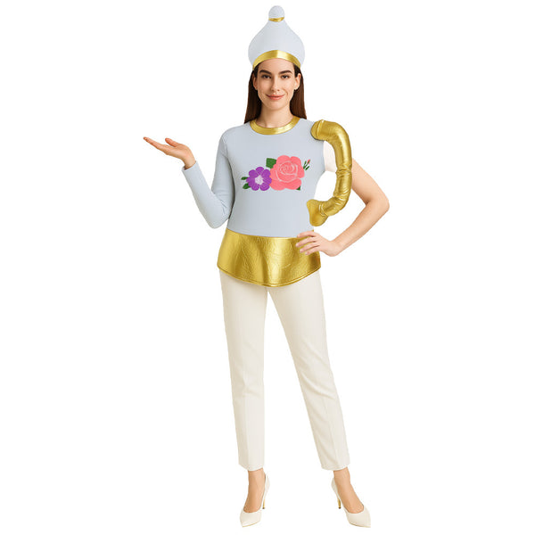 Adult teapot costume with pale blue tabard and gold metallic handle detail