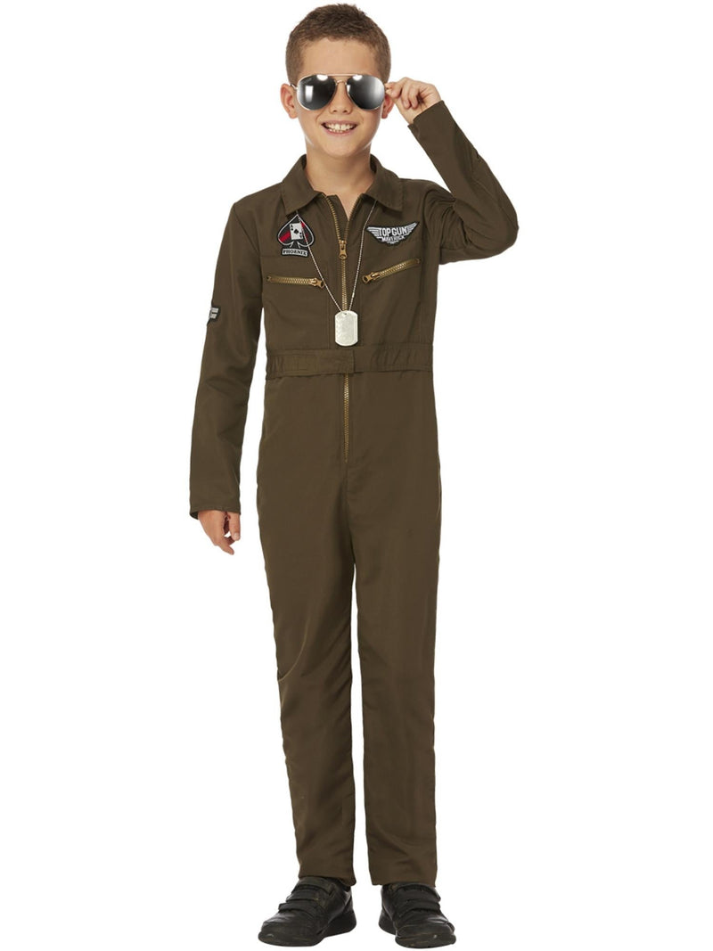 Kids Top Gun Maverick aviator costume full-length olive green flight suit with gold zipper and embroidered patches
