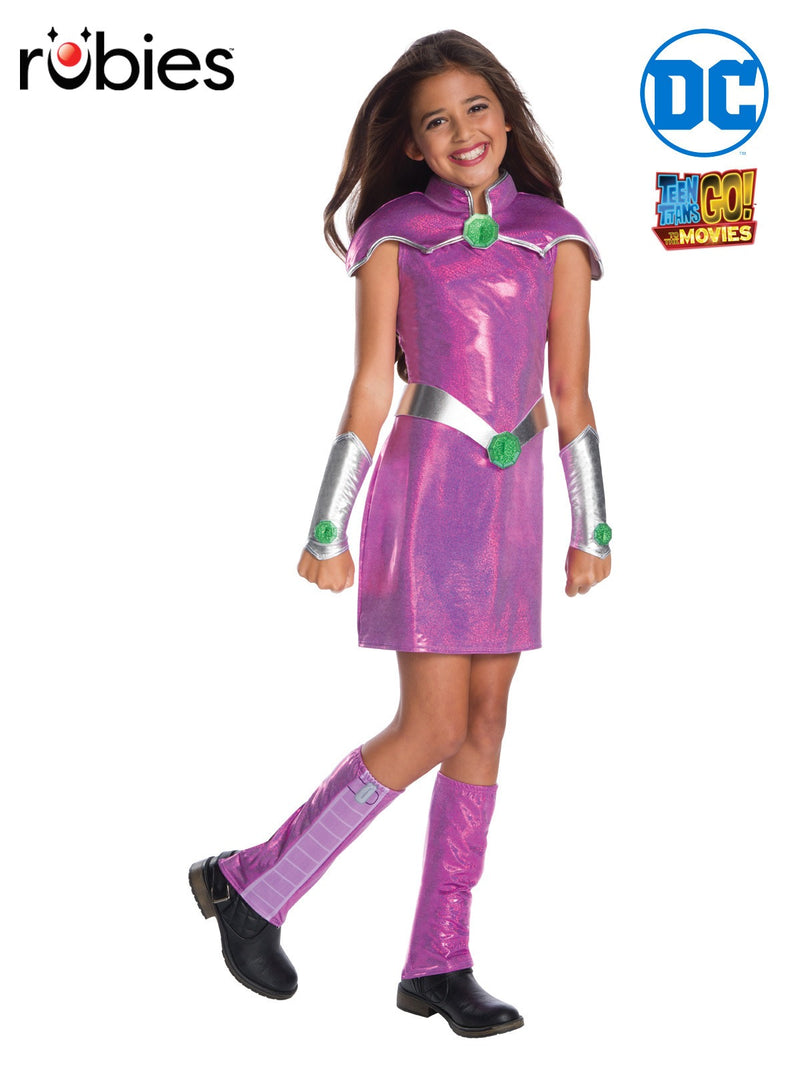 Kids Starfire costume dress with metallic purple fabric and silver collar