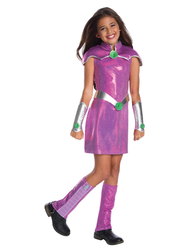 Kids Starfire costume dress with metallic purple fabric and silver collar