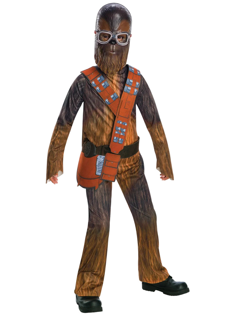 Kids Chewbacca costume showing full-body fur-print jumpsuit with bandolier and mask