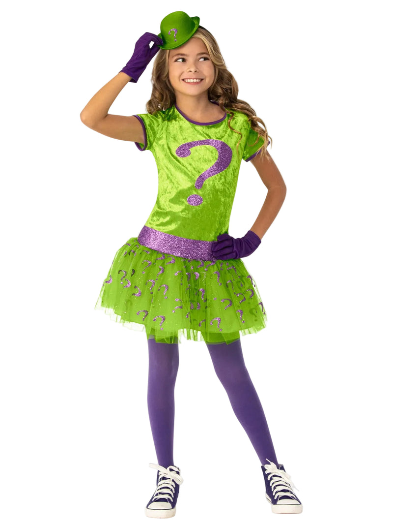 Girls The Riddler tutu costume with green velvet bodice and purple question mark appliquรฉ