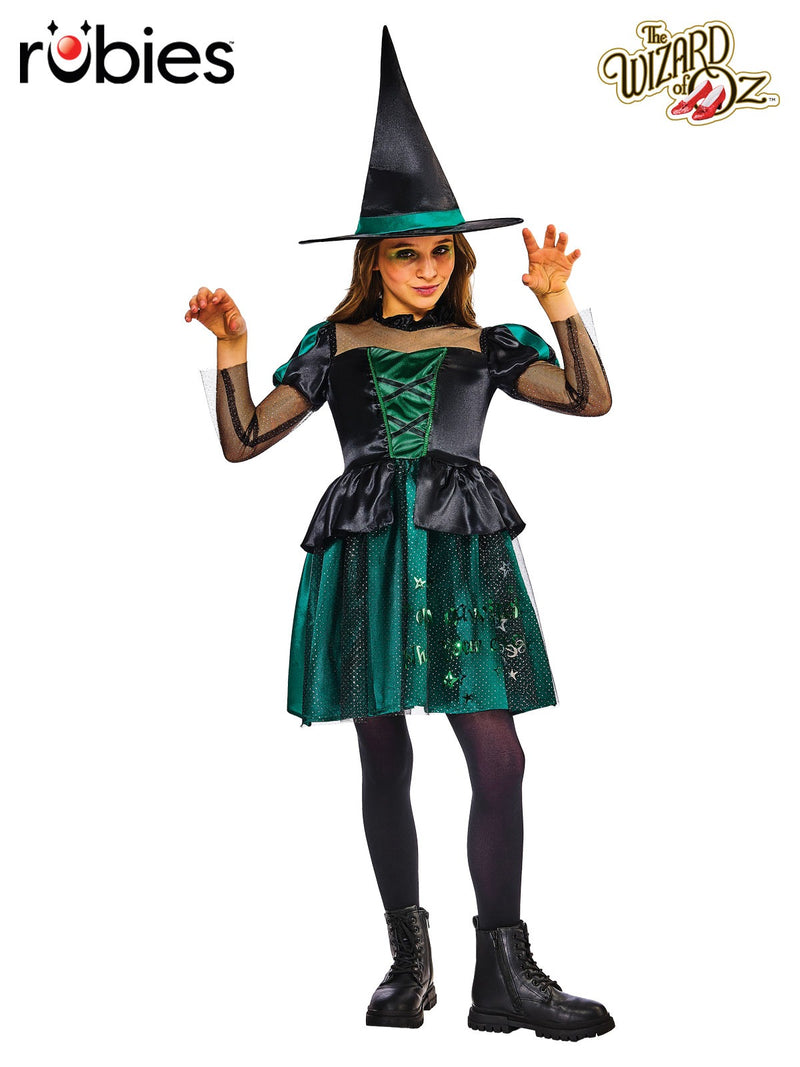 Kids Wicked Witch costume from Wizard of Oz with emerald green bodice and black layered skirt