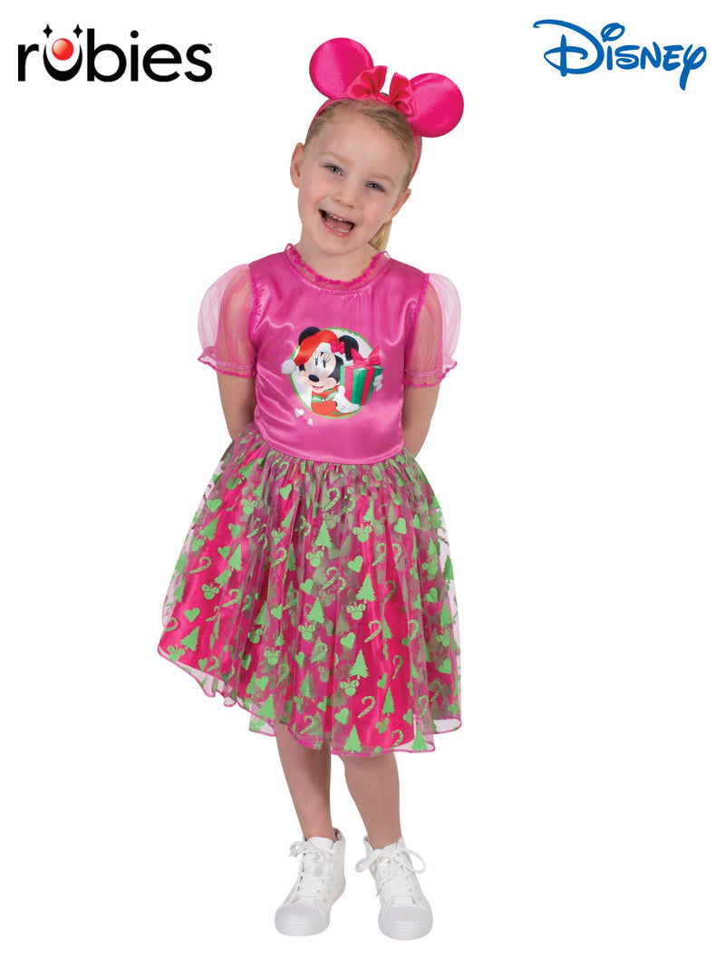 Kids Minnie Mouse Christmas costume - hot pink dress with festive green print overlay and 3D ear headband