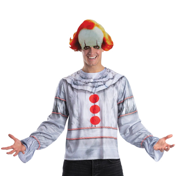 Mens Pennywise IT Clown Costume showing silver-grey top with red pom-pom buttons and ruffled collar
