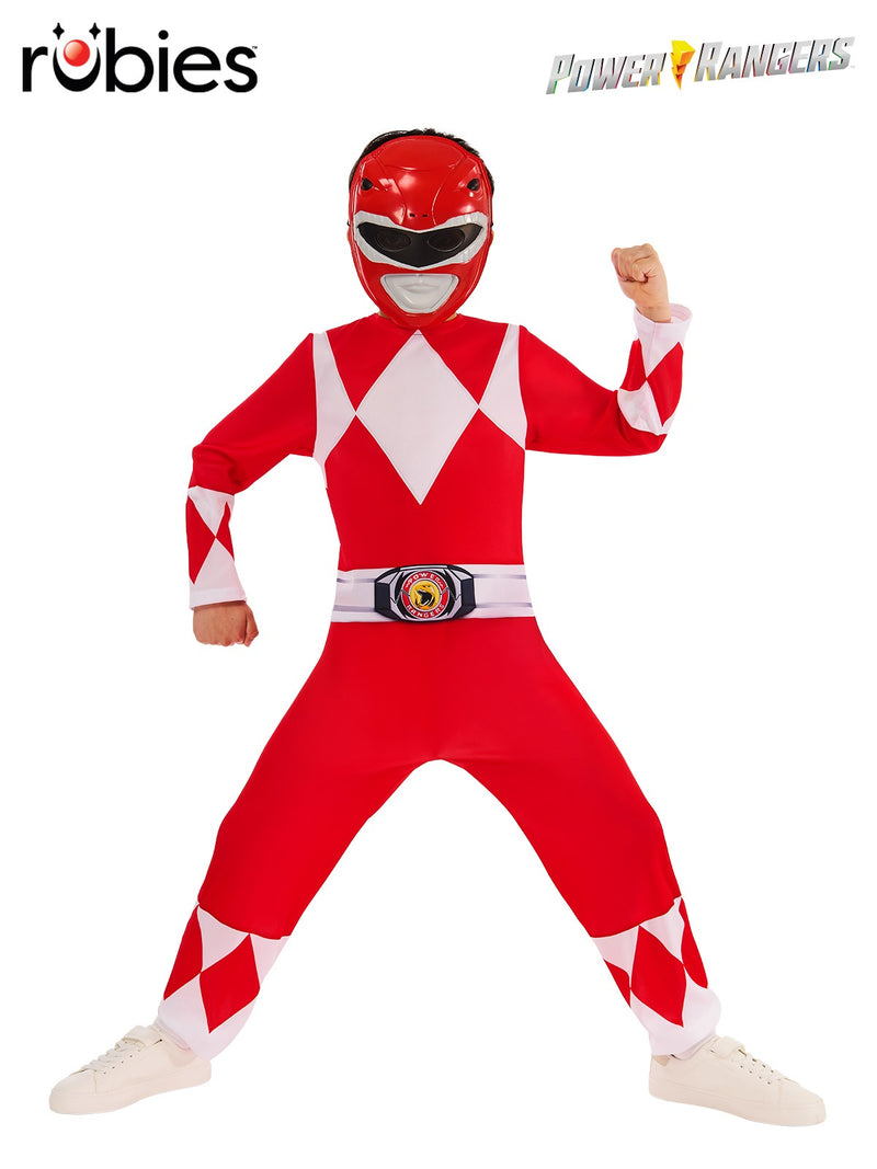 Kids Red Power Ranger costume with diamond-print jumpsuit and moulded helmet mask