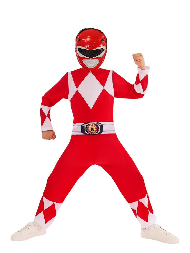 Kids Red Power Ranger costume with diamond-print jumpsuit and moulded helmet mask