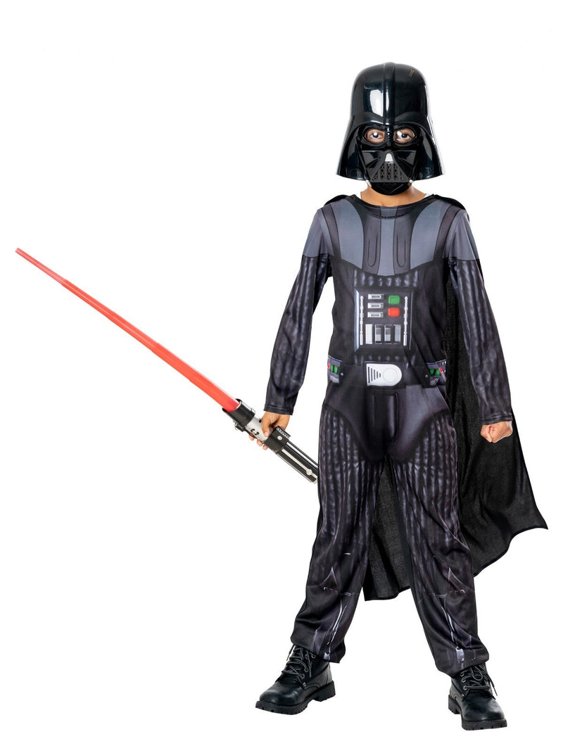 Kids Darth Vader costume with black jumpsuit, cape and helmet mask
