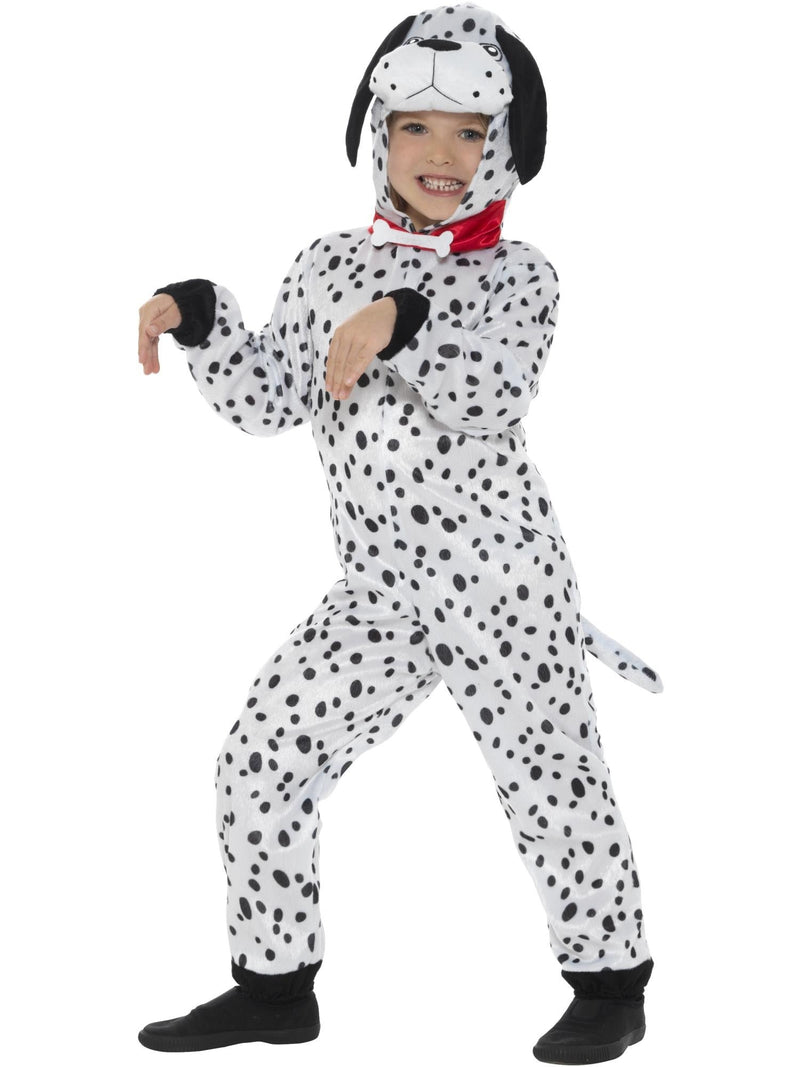 Kids dalmatian dog costume with spotted white jumpsuit, black ears and red collar