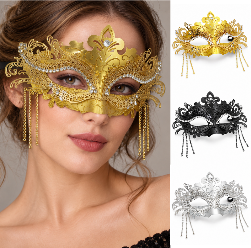 Adult Venetian masquerade eye mask in gold finish with filigree scrollwork and rhinestones