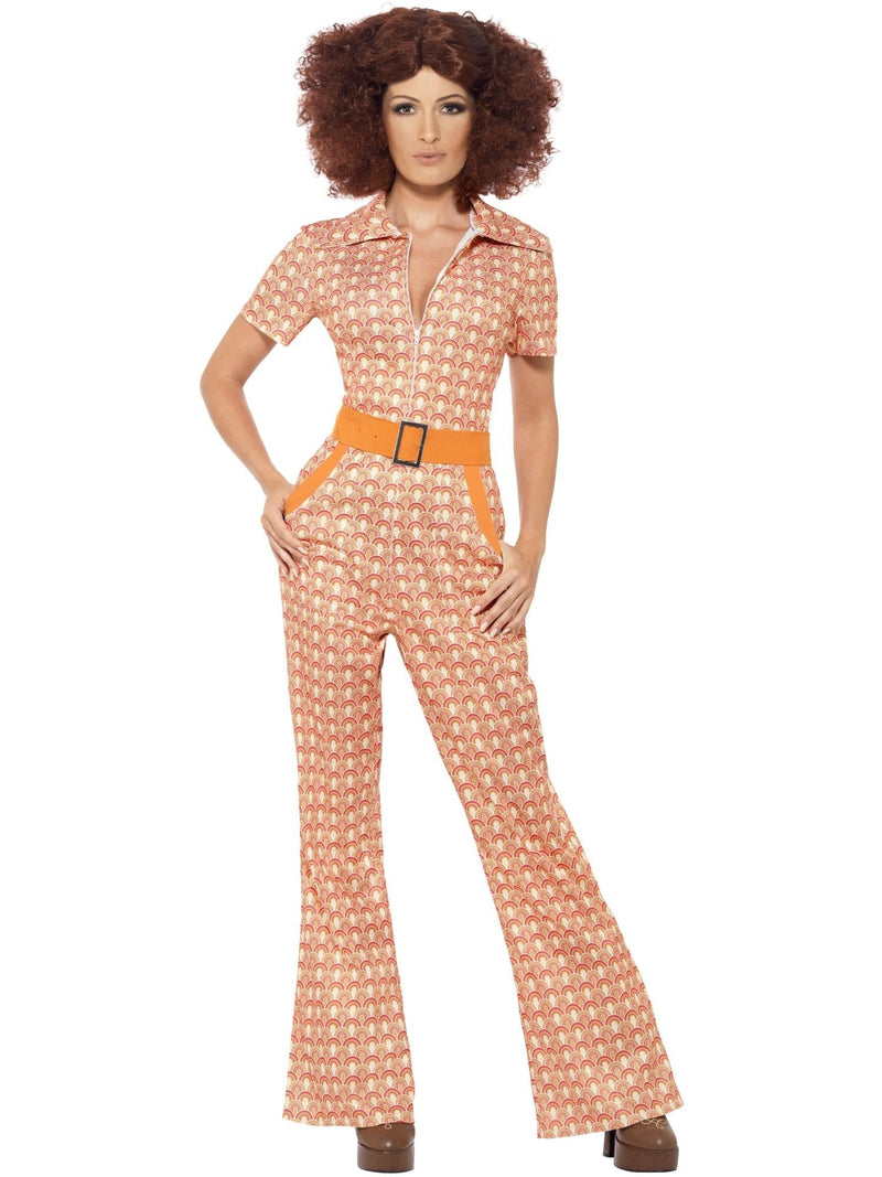 Womens 70s disco jumpsuit in orange and white rainbow print with flared legs