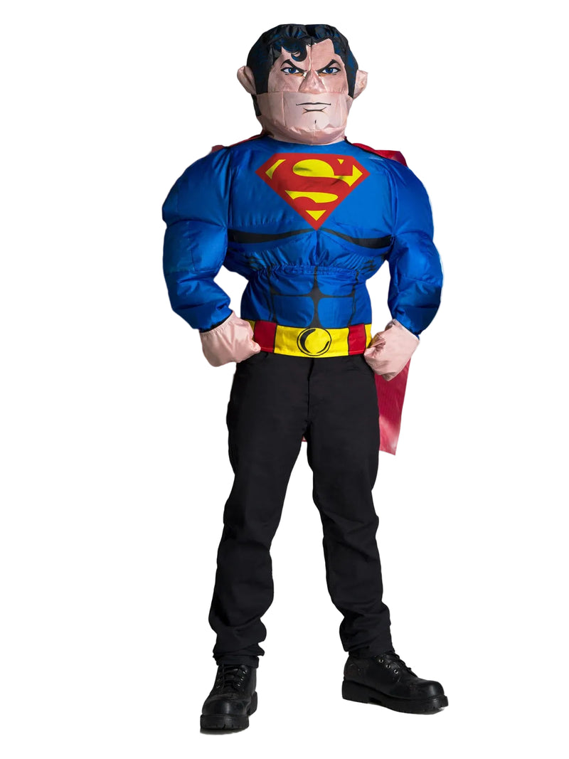 Kids Superman inflatable costume with printed muscles and oversized head mask