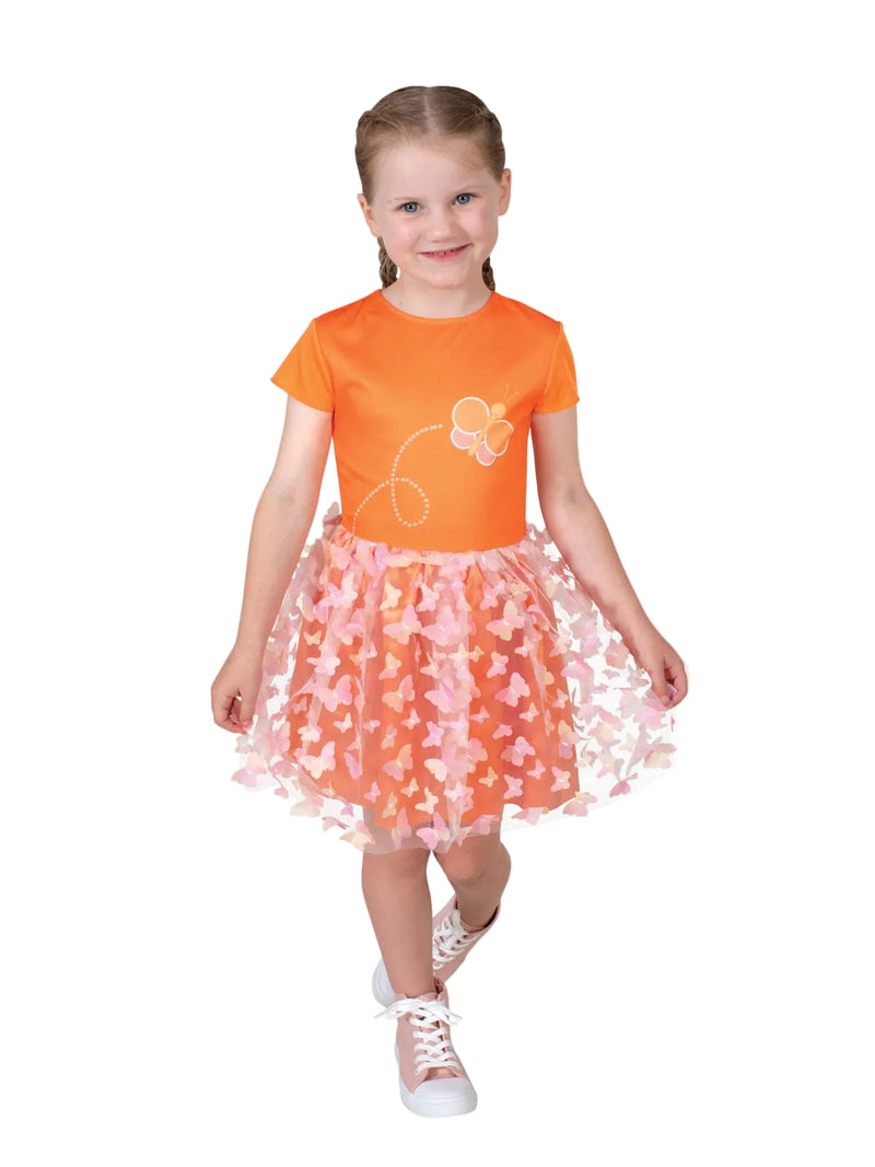 Kids Emma Memma orange dress with butterfly print bodice and pink tulle skirt