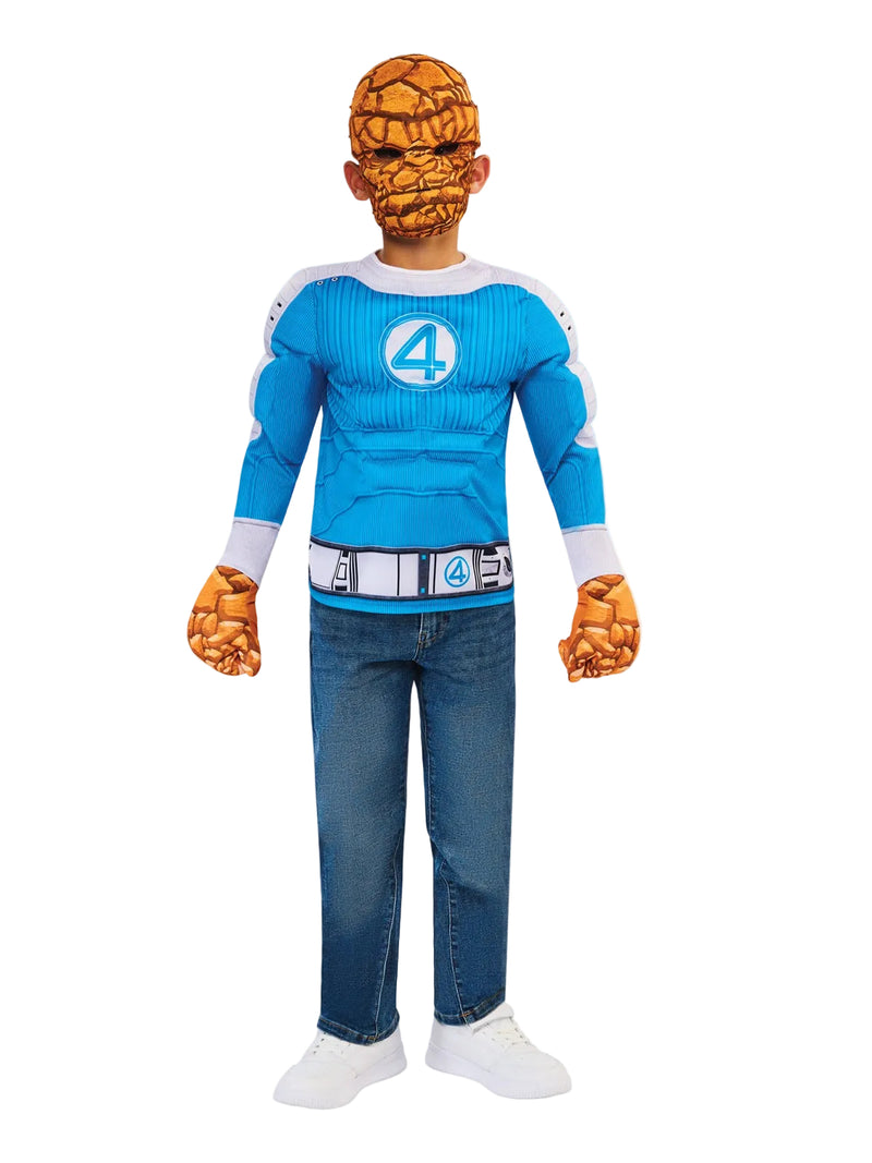 Kids The Thing costume with padded blue muscle top, orange rocky mask and matching gloves on white background