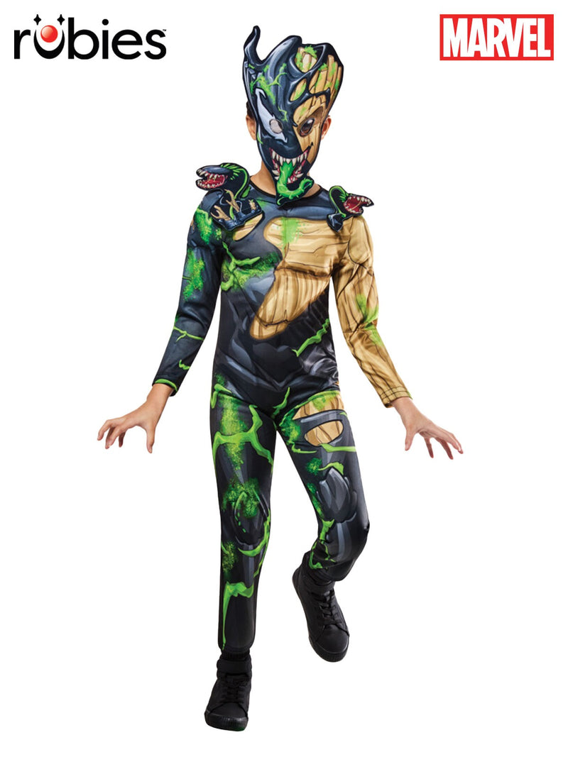 Kids Venomized Groot Costume full view showing black Venom symbiote and brown Groot branches split design with 3D creatures