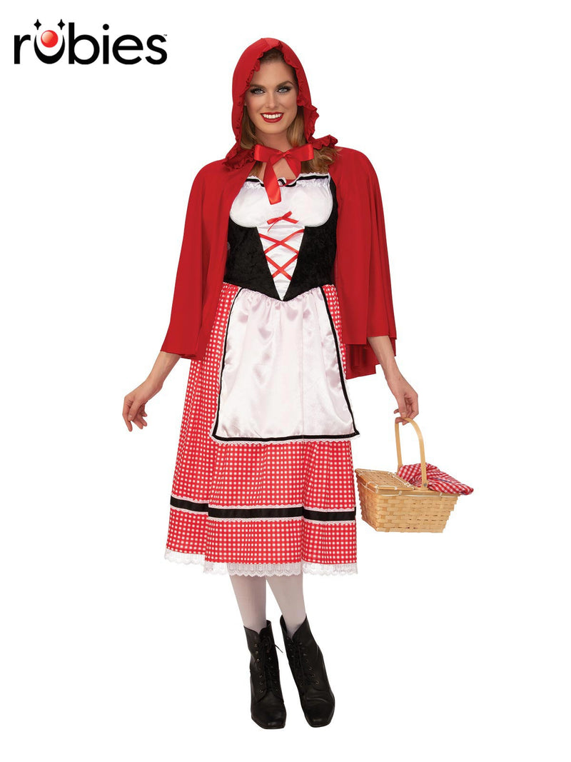 Womens Little Red Riding Hood costume dress with red satin bodice, gingham skirt, and hooded cape