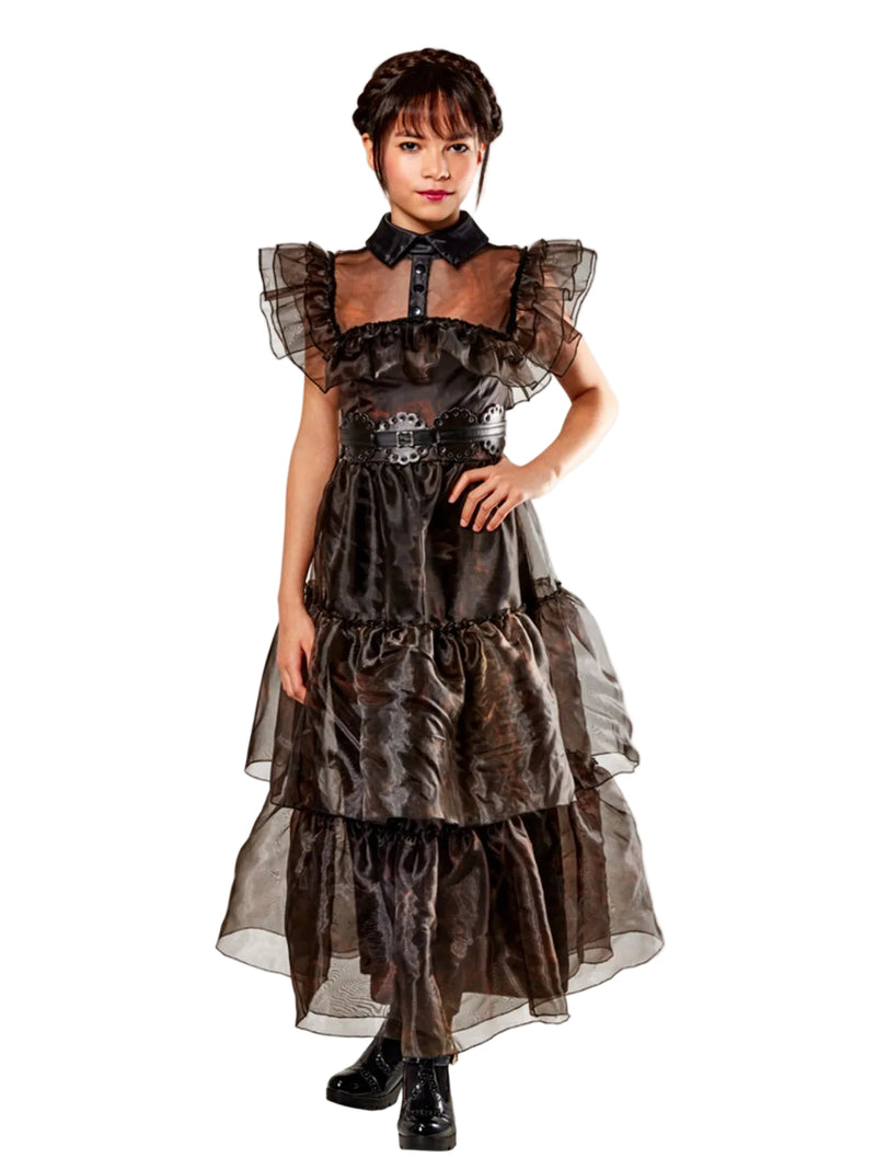 Kids Wednesday Addams dress costume with dramatic puffed tulle shoulders and tiered black ruffle skirt