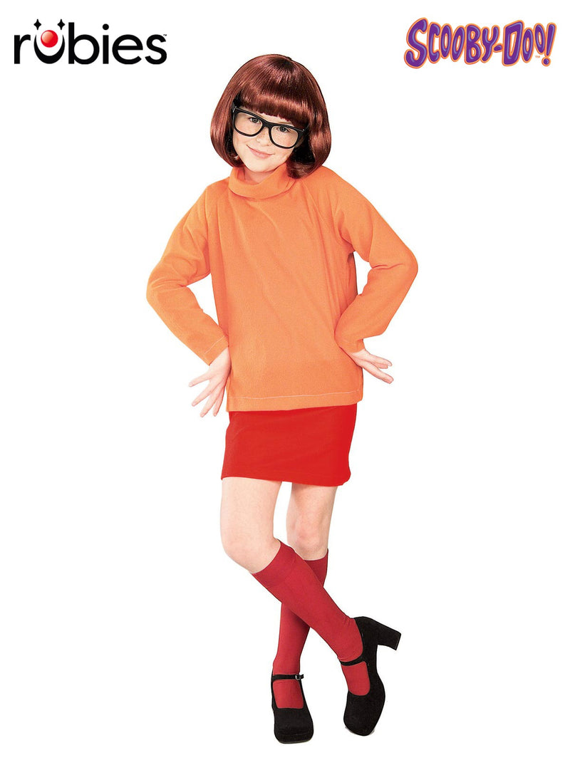 Kids Velma costume with orange turtleneck dress, bob wig and square glasses for Book Week