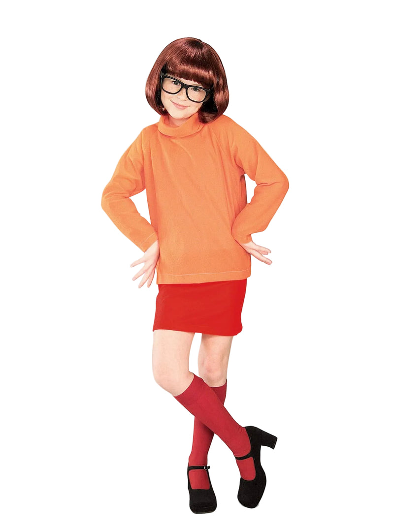Kids Velma costume with orange turtleneck dress, bob wig and square glasses for Book Week