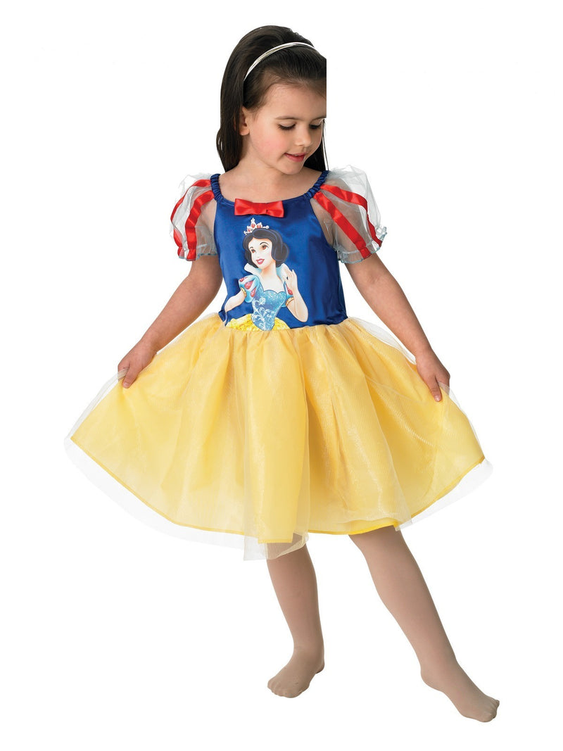 Toddler girl in Snow White ballerina dress with character print bodice and yellow tulle skirt