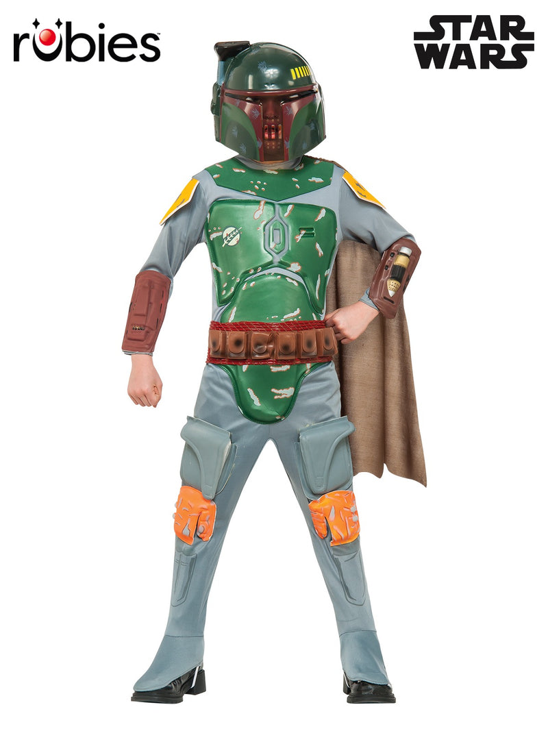 Child wearing Boba Fett costume with green Mandalorian armor and T-visor helmet