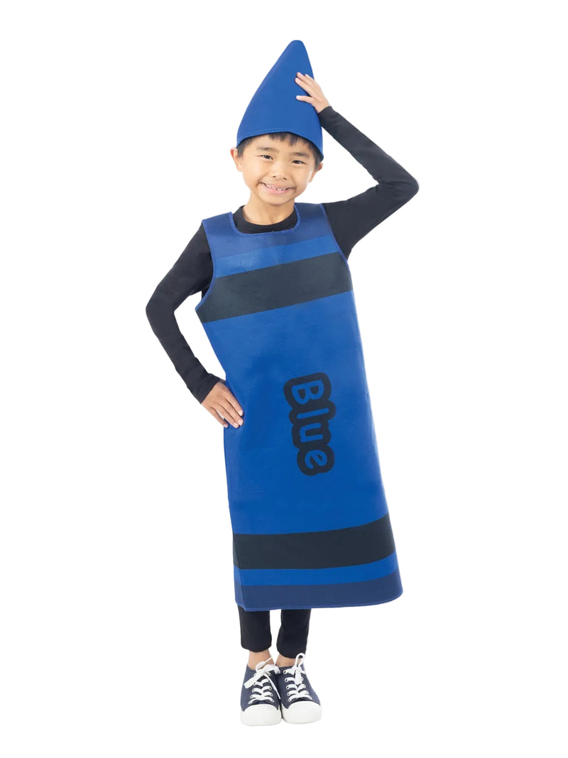 Kids blue crayon costume tabard with cone hat and black stripes