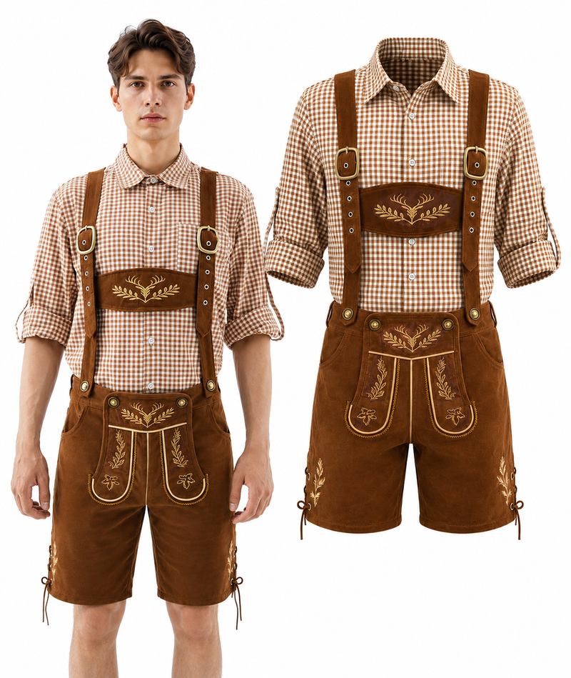 Mens Oktoberfest Lederhosen Costume - Brown Check Shirt and Brown Bavarian Shorts Set