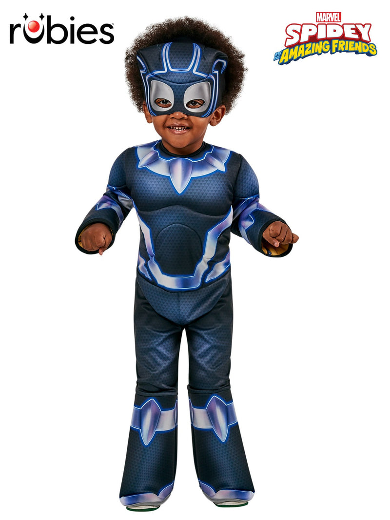 Toddler Black Panther deluxe costume front view with padded jumpsuit and metallic blue armour detail