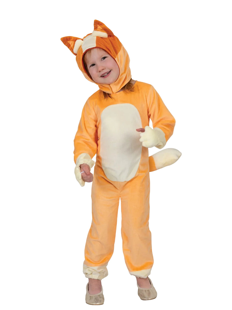 Kids Bingo costume from Bluey with orange velour jumpsuit and cream belly panel
