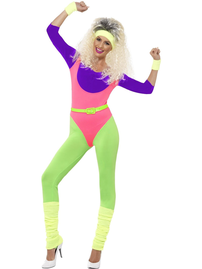 Womens 80s aerobics costume in neon pink, purple, and lime green color-block jumpsuit with yellow accessories