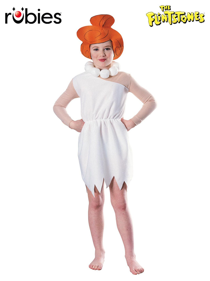 Kids Wilma Flintstone costume with white stone-age dress and orange bun headpiece