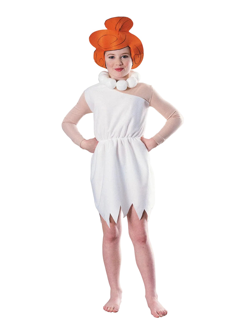 Kids Wilma Flintstone costume with white stone-age dress and orange bun headpiece