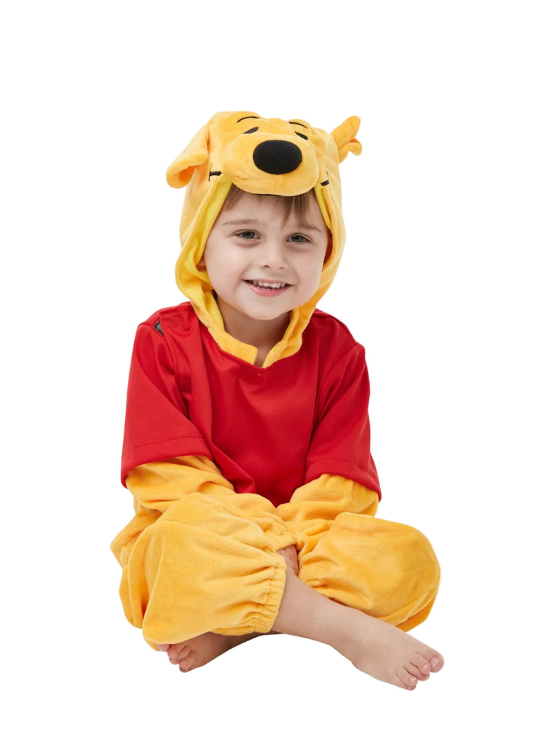 Kids Winnie the Pooh plush costume with golden yellow body and red torso section