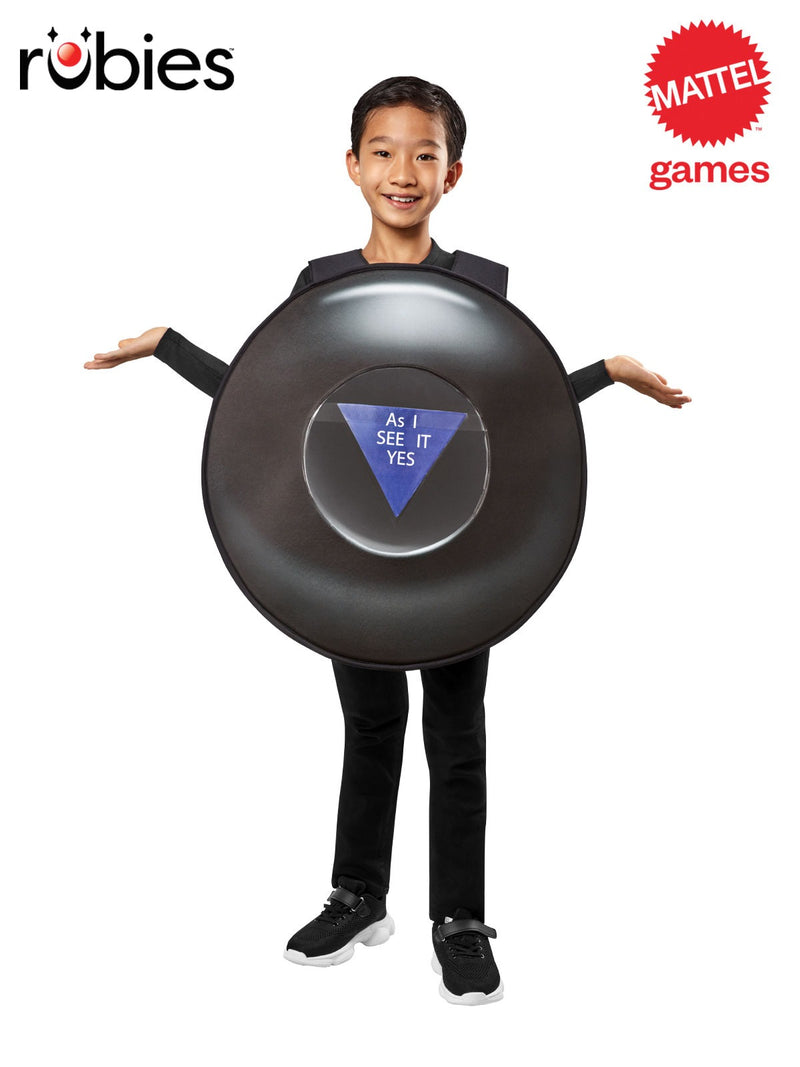 Kids Magic 8-Ball Costume front view showing blue answer window and vinyl card pocket