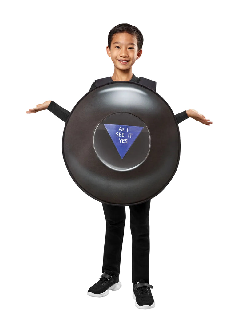Kids Magic 8-Ball Costume front view showing blue answer window and vinyl card pocket