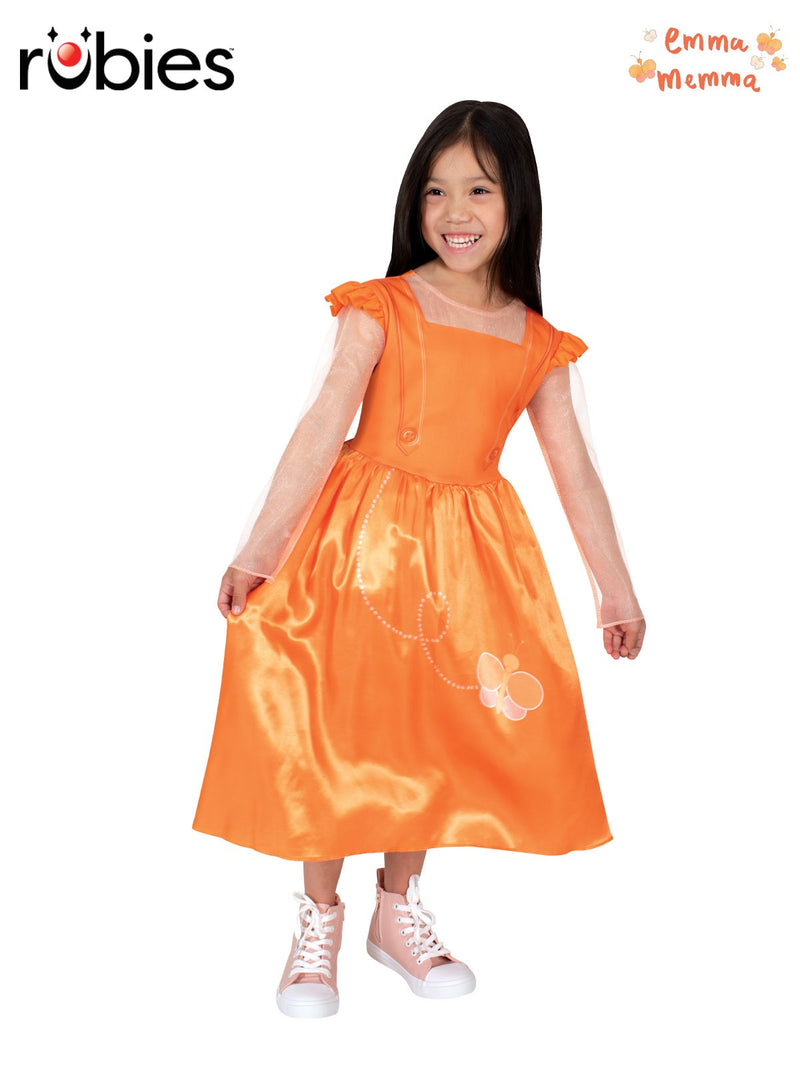 Kids Emma Memma costume orange satin dress with butterfly detail and mesh sleeves front view