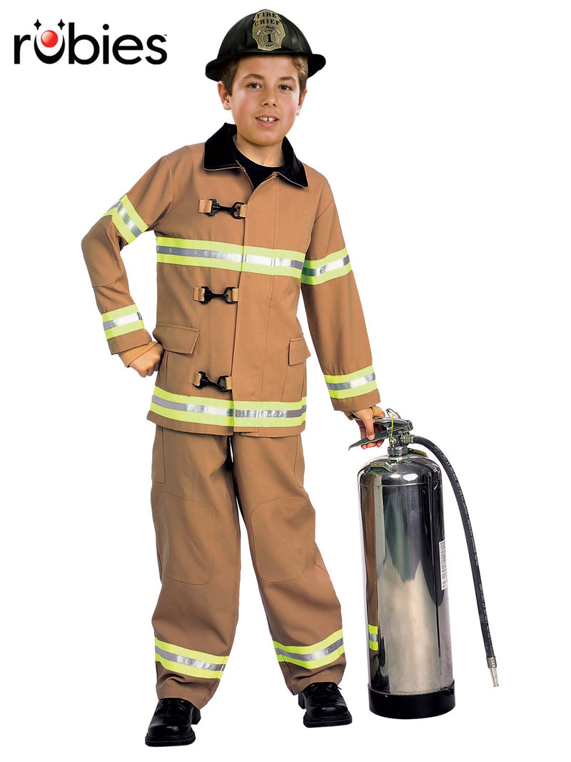 Child wearing tan firefighter costume with reflective stripes, black collar, and Fire Chief helmet