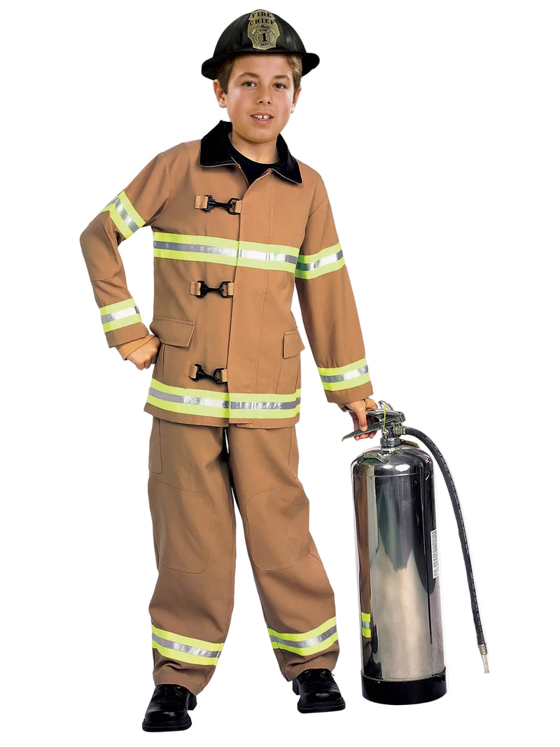 Child wearing tan firefighter costume with reflective stripes, black collar, and Fire Chief helmet