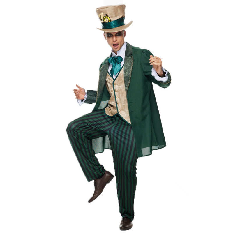 Mens Mad Hatter costume with forest green tailcoat, beige top hat, and striped trousers