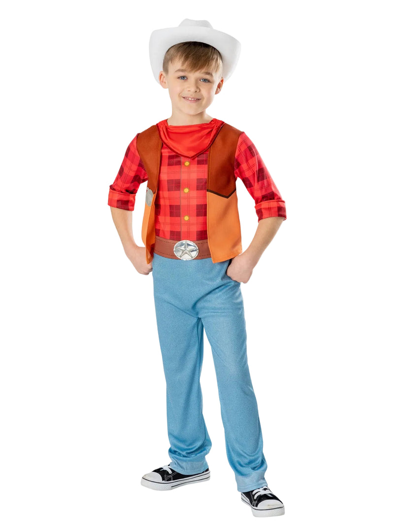Kids Dino Ranch Jon costume - red plaid cowboy jumpsuit with brown vest and white hat